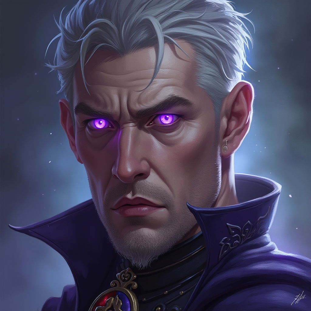 Dungeons and dragons character concept portrait. Male Warlock, Human race, Normal human anatomy and human face, non-fantasy features. Humans have strong jawline and rounded face features, with rounded eyes middle aged human male warlock glowing purple eyes short grey hair no facial hair, , intricate, elegant, highly detailed, digital painting, artstation, concept art, smooth, sharp focus, illustration, art by stable diffusion ai's favorite artists