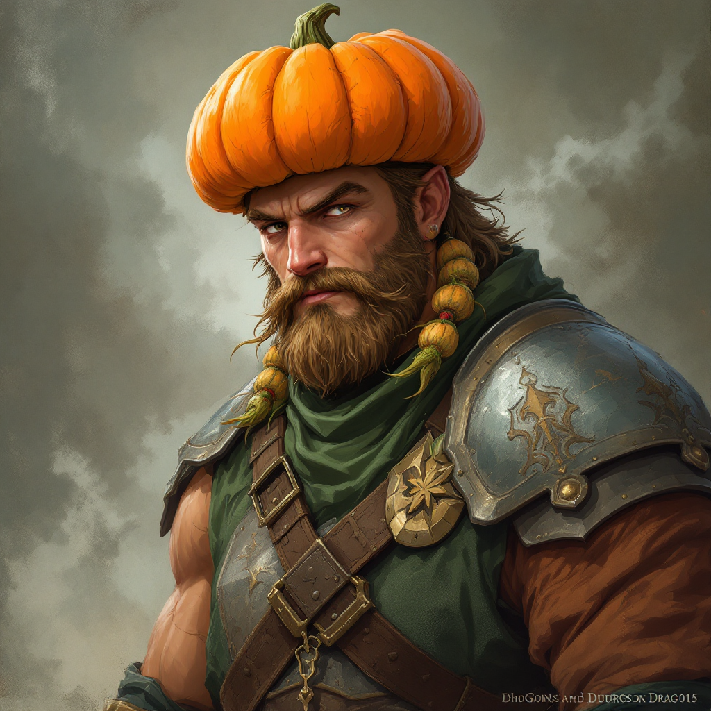 Dungeons and dragons character concept portrait. Male Fighter, Human race, Normal human anatomy and human face, non-fantasy features. Humans have strong jawline and rounded face features, with rounded eyes harvester farmer with pumpkin head with armor and sword and is tall, , dnd anime character portrait, dnd anime character, highly detailed, high quality anime character