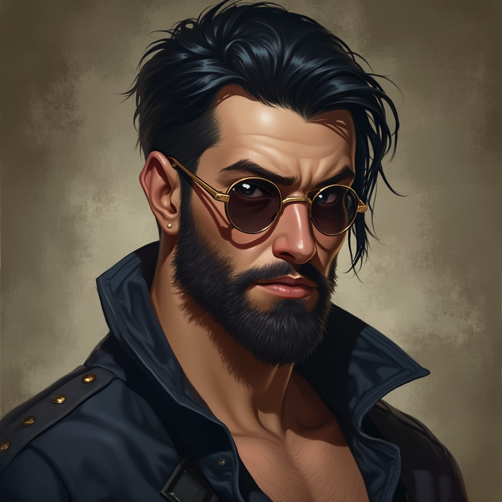 Dungeons and dragons character concept portrait. Male Bard, Human race, Normal human anatomy and human face, non-fantasy features. Humans have strong jawline and rounded face features, with rounded eyes gambler pirate, young, sapphire eyes, raven black hair, well kept short beard, with sunglasses, with a scar over left eye, open shirt, , intricate, elegant, highly detailed, digital painting, artstation, concept art, smooth, sharp focus, illustration, art by stable diffusion ai's favorite artists