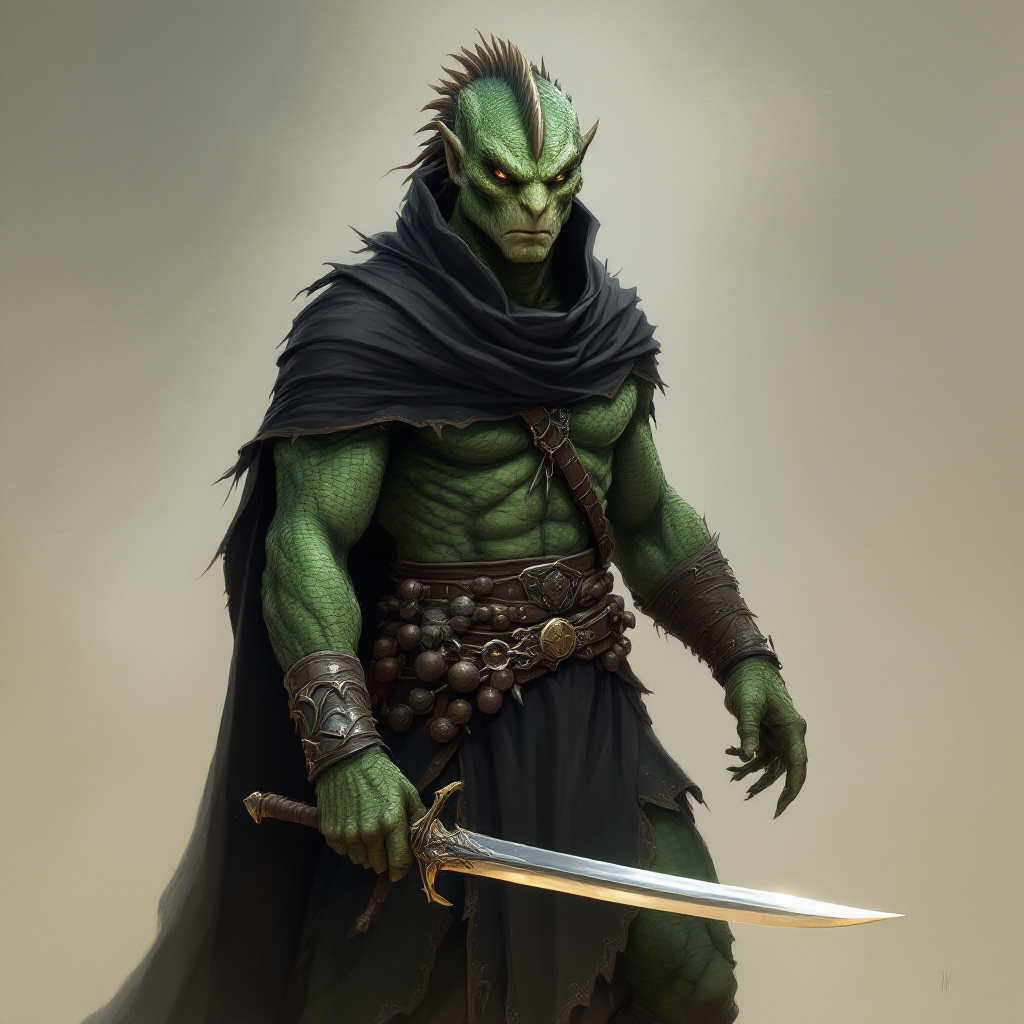 Dungeons and dragons character concept portrait. Male Fighter, Dragonborn race, The dragonborn is a tall and muscular humanoid, covered in fine, leather scales with larger scales on their forearms, legs, shoulders, and thighs. They have clawed hands and feet with three fingers and a thumb. Their face has a blunt snout, strong brow, and frills near the cheeks and ears. A crest of horn-like scales runs down the back of their head, resembling thick, ropy hair. Their eyes are red or gold He has the appearance of a green chameleon Lizard-folk. He wears the Cloak of Arachnida: A fine garment made of black silk interwoven with faint silvery threads, and under the cloak he wears common clothes . He is wielding A Sun Blade: a sword with a silver hilt and a blade of pure golden-white radiance that is thin as a wire. He has green eyes and a 1 single horn centered on his forehead., , dnd photography, dnd live action, realistic dnd portrait, medium shot portrait, highly detailed, dynamic shot, 4k photo