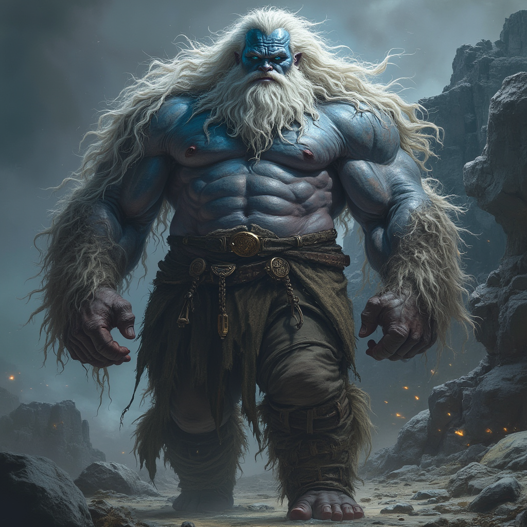 The giant is a colossal being with a massive build. Giants are tall humanoids with huge muscles. They have wild hair and clothing made from natural materials like animal leather. DnD Giant. Grey  monster  Bald, grey beard, blue eyes, . Dungeons and dragons monster concept portrait, dnd photography, dnd live action, realistic dnd portrait, medium shot portrait, highly detailed, dynamic shot, 4k photo