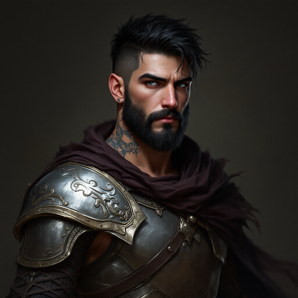 Dungeons and dragons character concept portrait. Male Fighter, Human race, Normal human anatomy and human face, non-fantasy features. Humans have strong jawline and rounded face features, with rounded eyes with short hair, with long beard, with black and red hair, with gray eyes, with pale skin, young, with tattoos on the face, include torso, muscular build, with a lance, wearing silver plate mail, , intricate, elegant, highly detailed, digital painting, artstation, concept art, smooth, sharp focus, illustration, art by stable diffusion ai's favorite artists