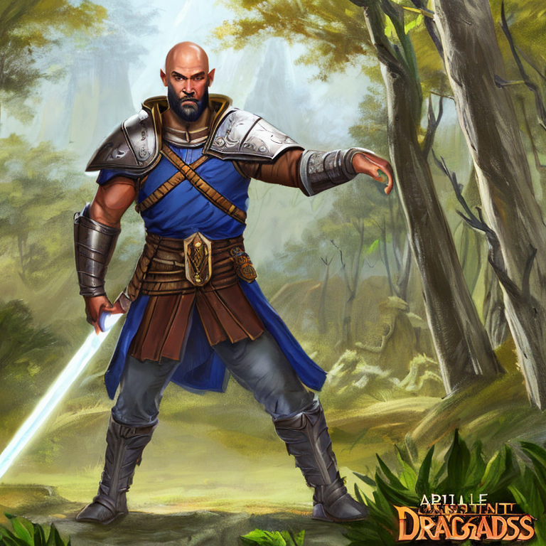 Dungeons and dragons character concept portrait. Male Paladin, Elf race,  Red skin colour, male, 5 feat tall,  bald head, blue pupils, short black beard, grey armor, wielding a two handed sword, forest background, , intricate, elegant, highly detailed, digital painting, artstation, concept art, smooth, sharp focus, illustration, art by stable diffusion ai's favorite artists