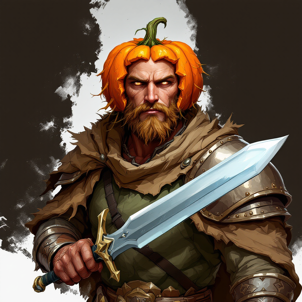Dungeons and dragons character concept portrait. Male Fighter, Human race, Normal human anatomy and human face, non-fantasy features. Humans have strong jawline and rounded face features, with rounded eyes harvester farmer with pumpkin head with armor and sword and is tall, , dnd comics character drawing, dnd comics character, 2d comics drawing, marvel comics style character, dc comics style character