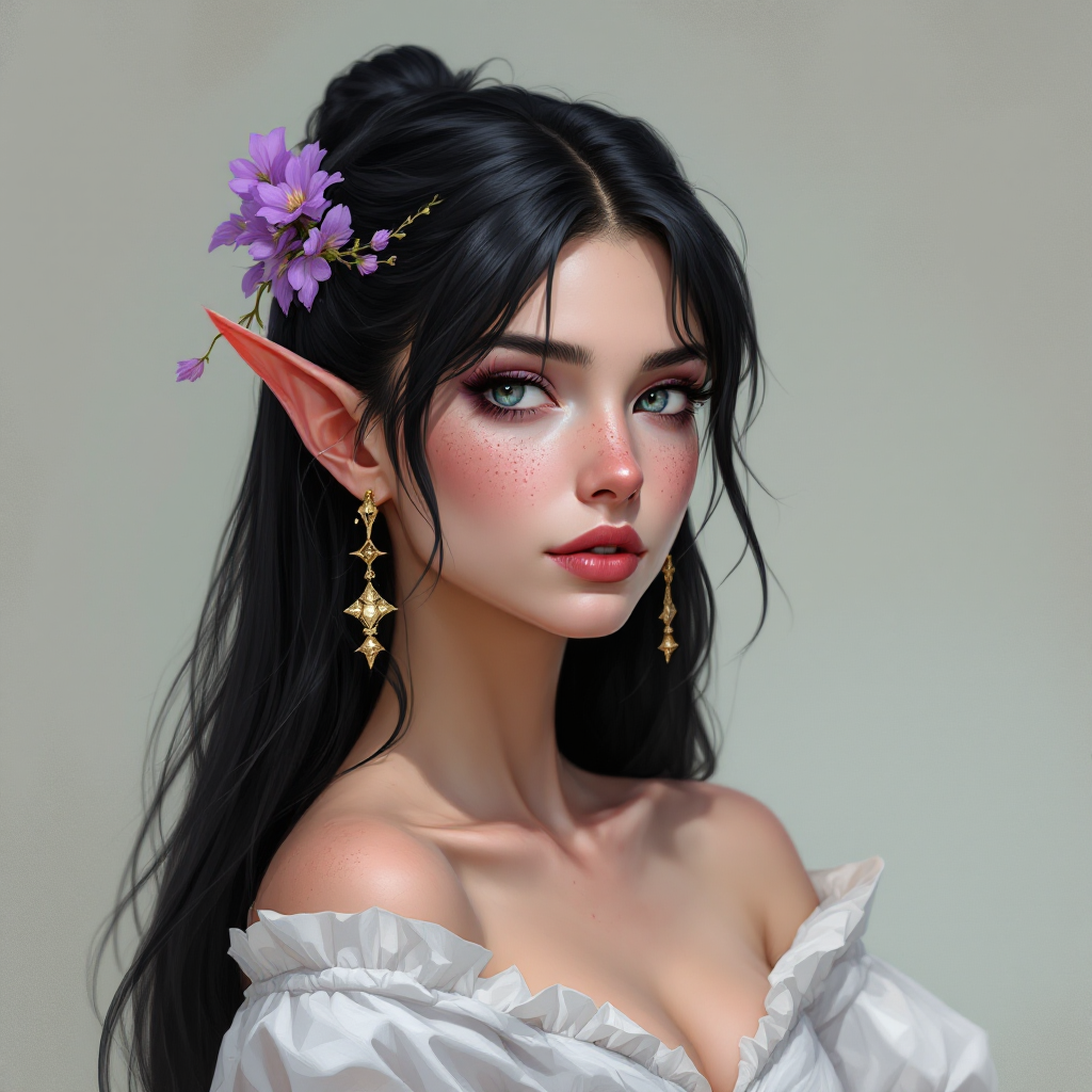 Dungeons and dragons character concept portrait. Female Bard, Half-Elf race, The half-elf is a tall, slender figure. They have a graceful appearance with high cheekbones. Their eyes are typically vibrant and round like human eyes Purple freckles, black hair with purple blossom hairpin, ice eyes, bard class, off the shoulder top, , intricate, elegant, highly detailed, digital painting, artstation, concept art, smooth, sharp focus, illustration, art by stable diffusion ai's favorite artists