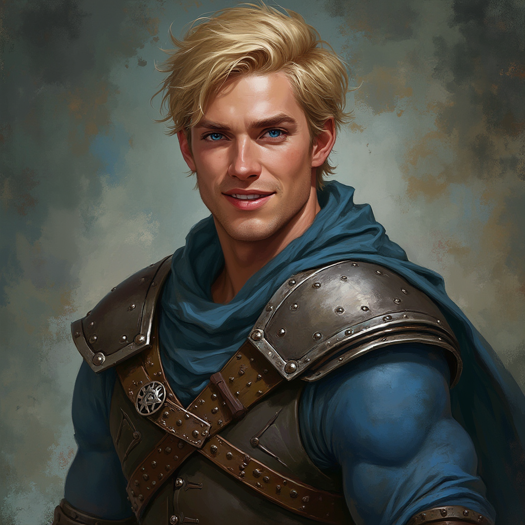 Dungeons and dragons character concept portrait. Male Fighter, Human race, Normal human anatomy and human face, non-fantasy features. Humans have strong jawline and rounded face features, with rounded eyes short blonde hair young muscley broad thick neck blue eyes no facial hair well built tank kind face hansome smiling, , dnd photography, dnd live action, realistic dnd portrait, medium shot portrait, highly detailed, dynamic shot, 4k photo