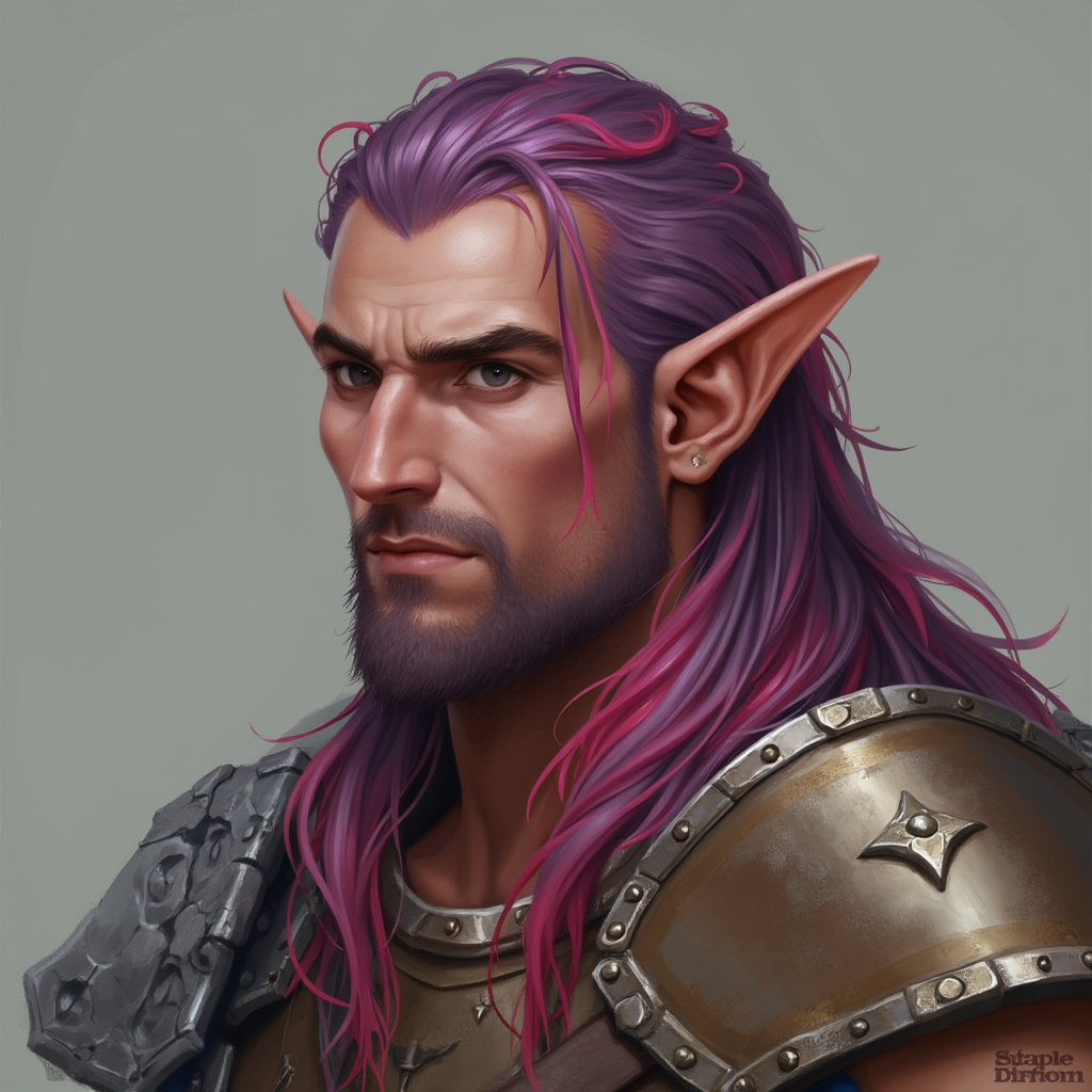 Dungeons and dragons character concept portrait. Male Barbarian, Human race, Normal human anatomy and human face, non-fantasy features. Humans have strong jawline and rounded face features, with rounded eyes Elf purple hair with pink and red highlights, , intricate, elegant, highly detailed, digital painting, artstation, concept art, smooth, sharp focus, illustration, art by stable diffusion ai's favorite artists