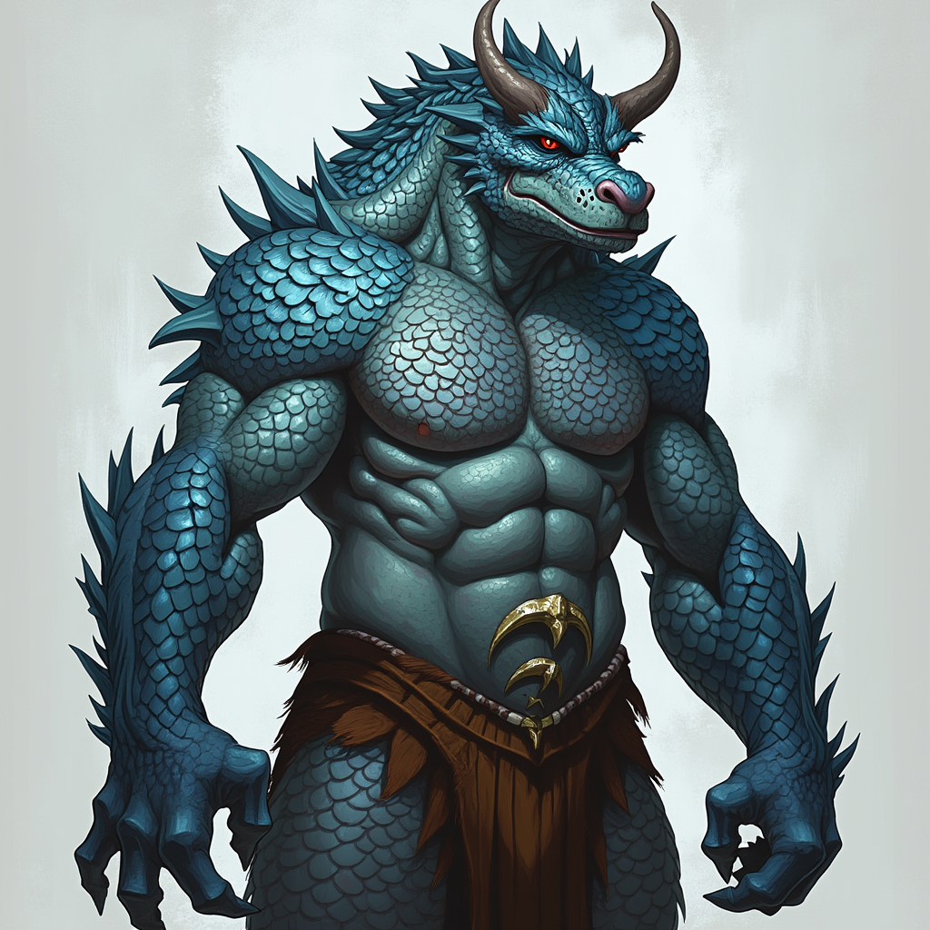 Dungeons and dragons character concept portrait. Male Barbarian, Dragonborn race, The dragonborn is a tall and muscular humanoid, covered in fine, leather scales with larger scales on their forearms, legs, shoulders, and thighs. They have clawed hands and feet with three fingers and a thumb. Their face has a blunt snout, strong brow, and frills near the cheeks and ears. A crest of horn-like scales runs down the back of their head, resembling thick, ropy hair. Their eyes are red or gold Sapphire scales, with obsidian colored belly, with a fierce expression, with Icy blue eyes, with tattoos on the face, , intricate, elegant, highly detailed, digital painting, artstation, concept art, smooth, sharp focus, illustration, art by stable diffusion ai's favorite artists