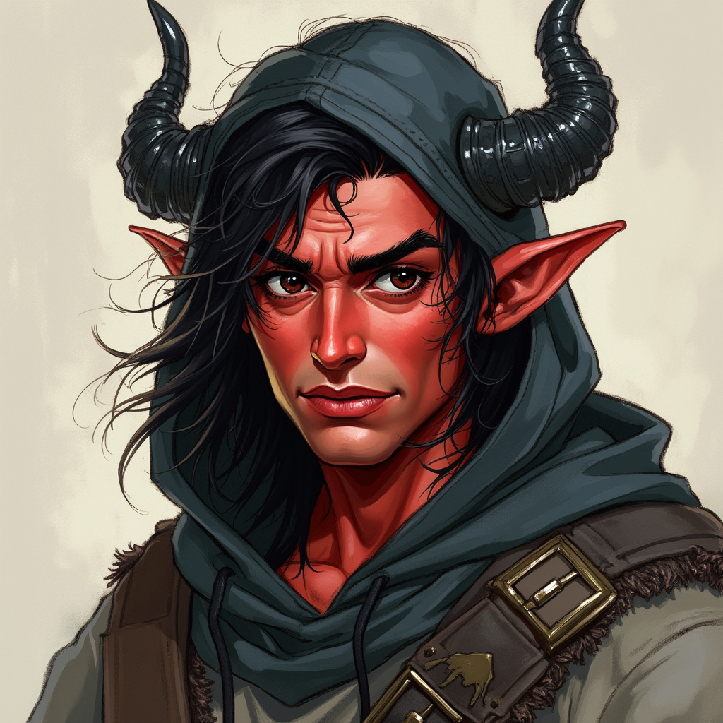 Dungeons and dragons character concept portrait. Male Barbarian, Human race, Normal human anatomy and human face, non-fantasy features. Humans have strong jawline and rounded face features, with rounded eyes girl with black hair, black eyes, wearing black hood, long crooked ears, black horns, red skin, , dnd hand drawing, dnd drawing portrait, dnd character drawing, highly detailed hand drawing, high quality character drawing, colored drawing, colorful drawing, light background, solid background