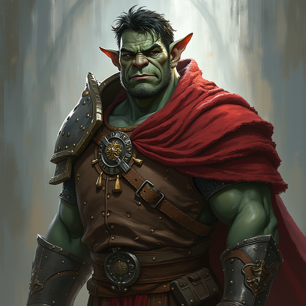 Dungeons and dragons character concept portrait. Male Paladin, Half-Orc race, The half-orc is a robust figure, with a broad and muscular build. They have greenish skin, with pronounced features such as a strong jawline, large tusks protruding from their lower lip, and a prominent brow. Half-orcs have coarse, dark hair. Half-orcs wear rugged, practical clothing suited for combat or hard labor Dark red 20 years old, , with tattoos on the arms , , intricate, elegant, highly detailed, digital painting, artstation, concept art, smooth, sharp focus, illustration, art by stable diffusion ai's favorite artists