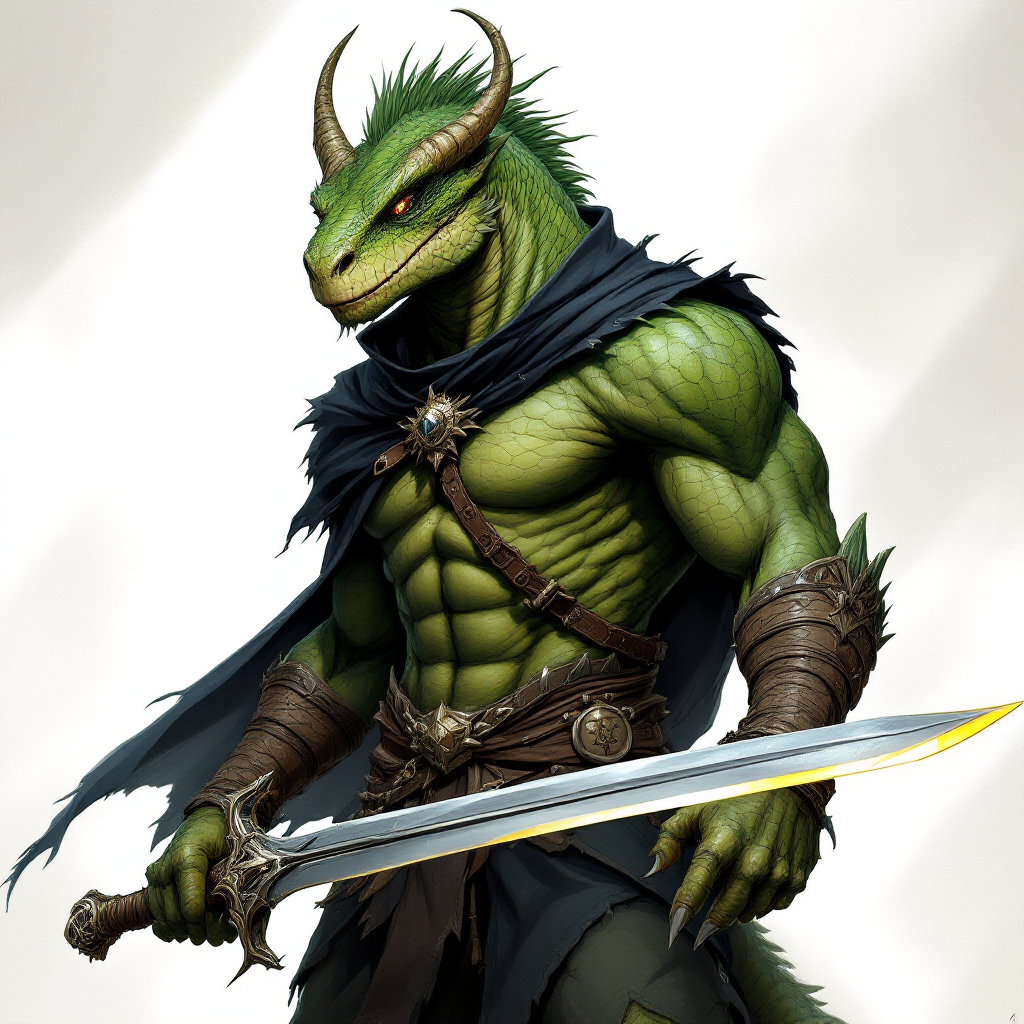 Dungeons and dragons character concept portrait. Male Fighter, Dragonborn race, The dragonborn is a tall and muscular humanoid, covered in fine, leather scales with larger scales on their forearms, legs, shoulders, and thighs. They have clawed hands and feet with three fingers and a thumb. Their face has a blunt snout, strong brow, and frills near the cheeks and ears. A crest of horn-like scales runs down the back of their head, resembling thick, ropy hair. Their eyes are red or gold He has the appearance of a green chameleon Lizard-folk. He wears the Cloak of Arachnida: A fine garment made of black silk interwoven with faint silvery threads, and under the cloak he wears common clothes . He is wielding A Sun Blade: a sword with a silver hilt and a blade of pure golden-white radiance that is thin as a wire. He has green eyes and a 1 single horn centered on his forehead., with green skin, , tech dnd character portrait, dnd tech character, highly detailed, high quality tech character, with technology elements, sci-fi dnd character