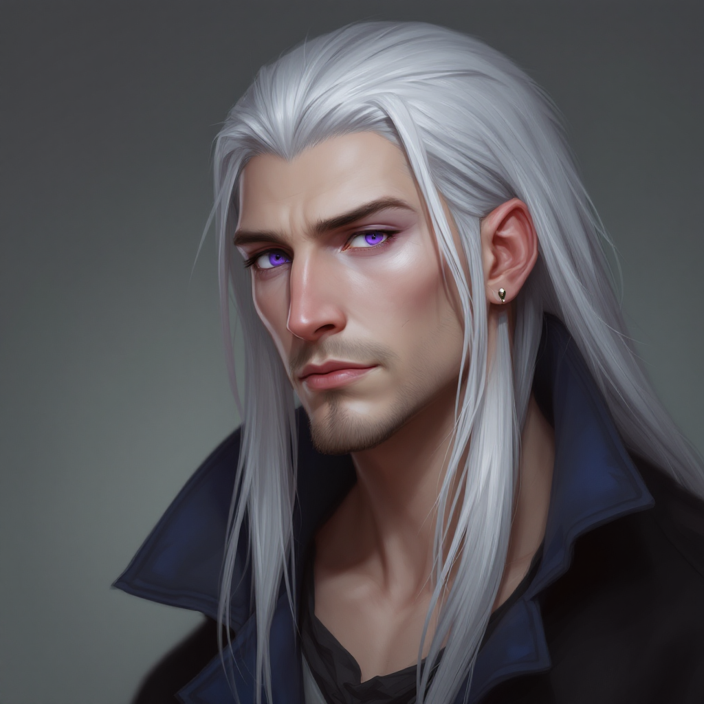 Dungeons and dragons character concept portrait. Male Sorcerer, Human race, Normal human anatomy and human face, non-fantasy features. Humans have strong jawline and rounded face features, with rounded eyes with pale skin, violet eyes, long silver hair, black and blue trench coat, thin build, , intricate, elegant, highly detailed, digital painting, artstation, concept art, smooth, sharp focus, illustration, art by stable diffusion ai's favorite artists