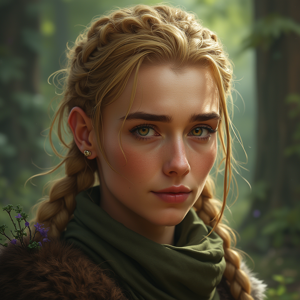 Dungeons and dragons character concept portrait. Male Ranger, Human race, Normal human anatomy and human face, non-fantasy features. Humans have strong jawline and rounded face features, with rounded eyes Ceridwen, 35, a non-binary middle-aged human ranger with warm green-brown hazel eyes and golden hair worn in complex braids. androgynous features that look masculine. Happy and charismatic. photo-realistic. ugly., , dnd photography, dnd live action, realistic dnd portrait, medium shot portrait, highly detailed, dynamic shot, 4k photo