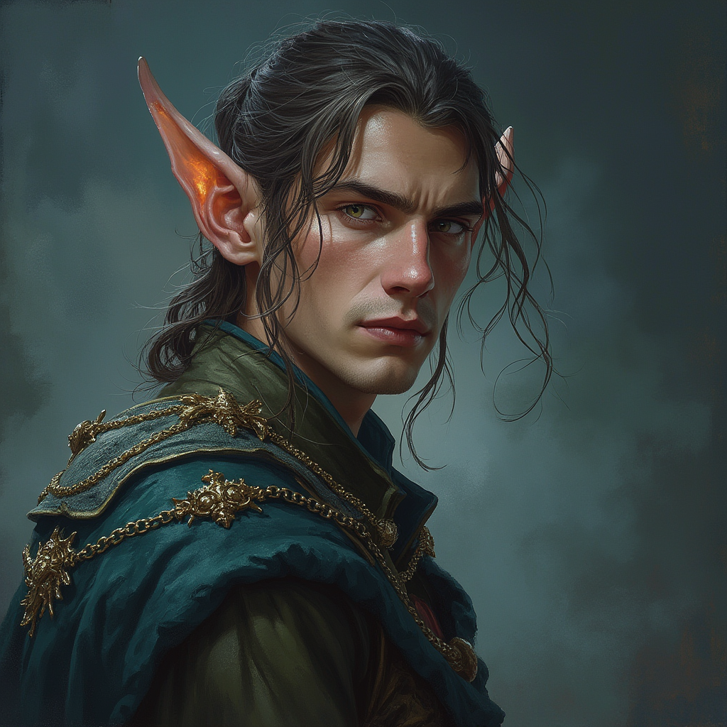 Dungeons and dragons character concept portrait. Male Wizard, Elf race, The elf is a slender, athletic figure, standing about the same height as a human. Elves have bright eyes. Elves have angular features and angular eyes. Their hair long with loose hairstyle a high elf librarian in fancy robes, , dnd photography, dnd live action, realistic dnd portrait, medium shot portrait, highly detailed, dynamic shot, 4k photo