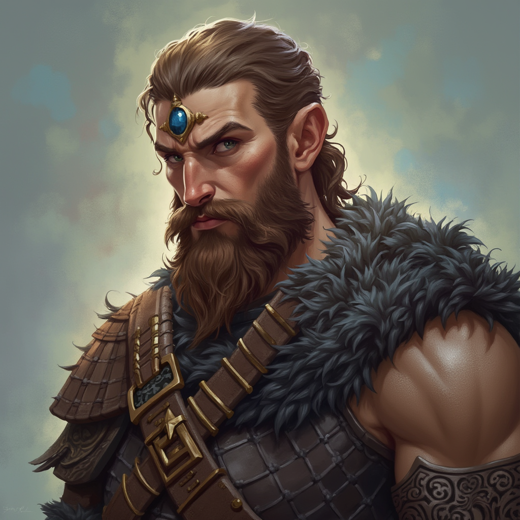 Dungeons and dragons character concept portrait. Male Barbarian, Human race, Normal human anatomy and human face, non-fantasy features. Humans have strong jawline and rounded face features, with rounded eyes gambler with beard with sapphire eyes with, , intricate, elegant, highly detailed, digital painting, artstation, concept art, smooth, sharp focus, illustration, art by stable diffusion ai's favorite artists