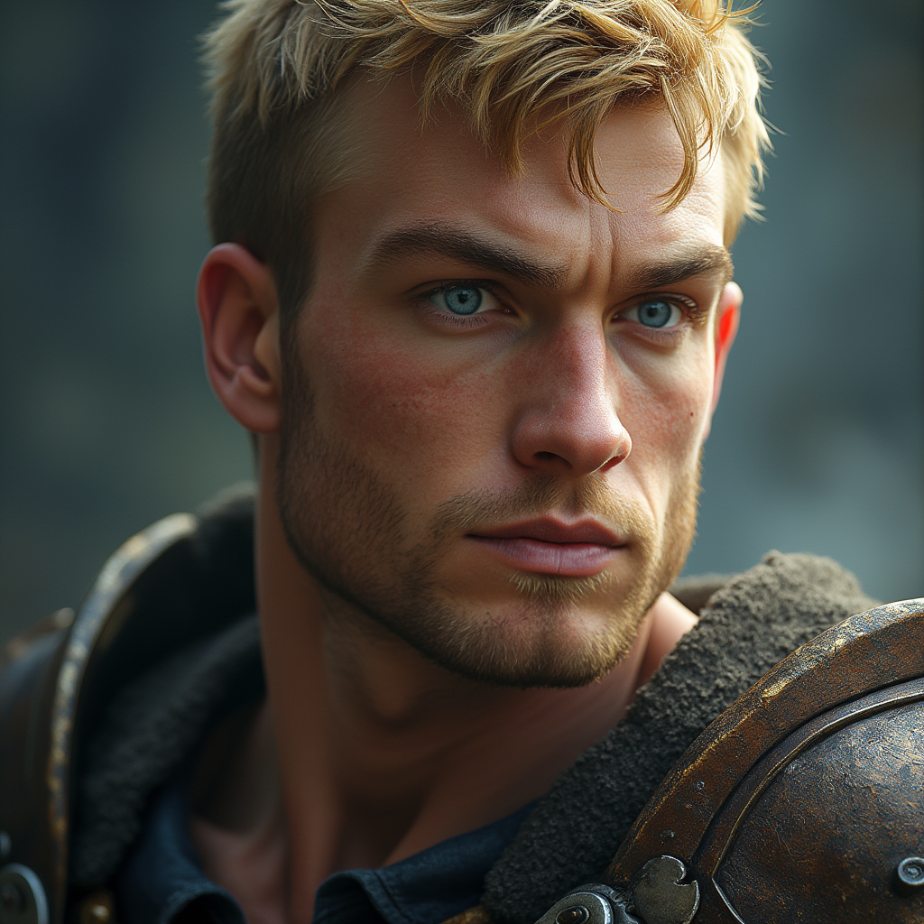 Dungeons and dragons character concept portrait. Male Fighter, Human race, Normal human anatomy and human face, non-fantasy features. Humans have strong jawline and rounded face features, with rounded eyes short blonde hair young muscley broad thick neck blue eyes no facial hair well built tank kind face hansome, , dnd photography, dnd live action, realistic dnd portrait, medium shot portrait, highly detailed, dynamic shot, 4k photo