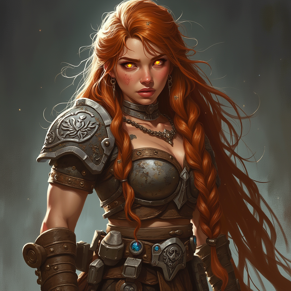 Dungeons and dragons character concept portrait. Female Barbarian, Dwarf race, The dwarf is a short and broad figure. Dwarves have long hair. Dwarves have rounded face features. Their clothing and gear are decorated with bold geometric designs, gems, and ancestral faces Chaotic Good Hill Dwarf Barbarian Soldier, Female with bright copper eyes that glow life fire, sharp stare, around 4 feet 6 inches tall, long thick deep auburn hair with streaks of ashen gray, warm bronze tone skin tone with faint scars on the shoulders and arms, young adult aged, weighs about 160 pounds of primarily muscle, , intricate, elegant, highly detailed, digital painting, artstation, concept art, smooth, sharp focus, illustration, art by stable diffusion ai's favorite artists