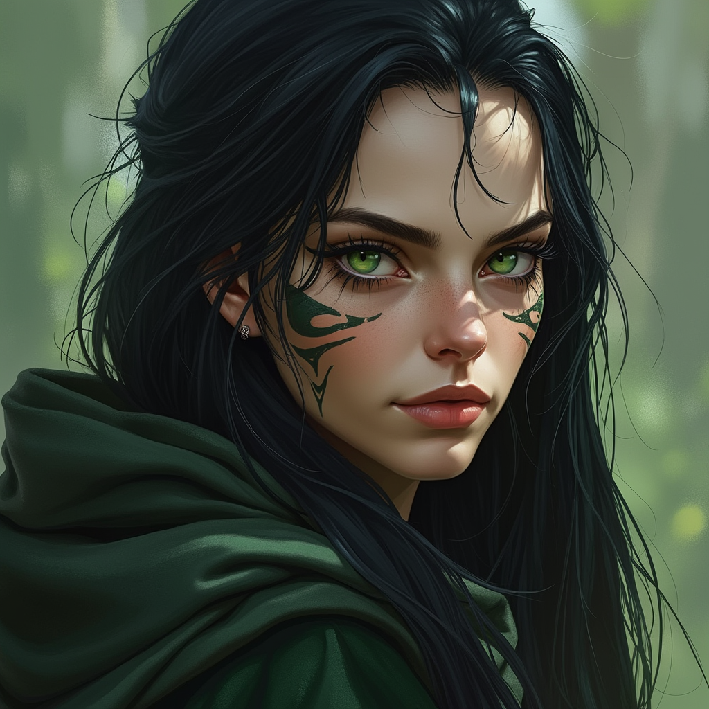 Dungeons and dragons character concept portrait. Female Druid, Elf race, The elf is a slender, athletic figure, standing about the same height as a human. Elves have bright eyes. Elves have angular features and angular eyes. Their hair long with loose hairstyle black hair, green eyes, dark clothing with hood, with long hair, with tattoos on the face, , intricate, elegant, highly detailed, digital painting, artstation, concept art, smooth, sharp focus, illustration, art by stable diffusion ai's favorite artists