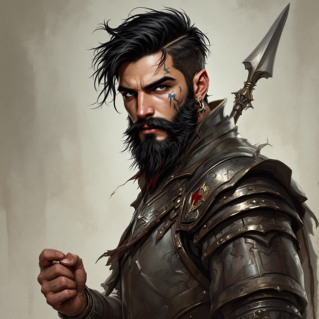 Dungeons and dragons character concept portrait. Male Fighter, Human race, Normal human anatomy and human face, non-fantasy features. Humans have strong jawline and rounded face features, with rounded eyes with short hair, with long beard, with black and red hair, with gray eyes, with pale skin, young, with tattoos on the face, full body image, muscular build, with a lance, wearing silver plate mail, , intricate, elegant, highly detailed, digital painting, artstation, concept art, smooth, sharp focus, illustration, art by stable diffusion ai's favorite artists