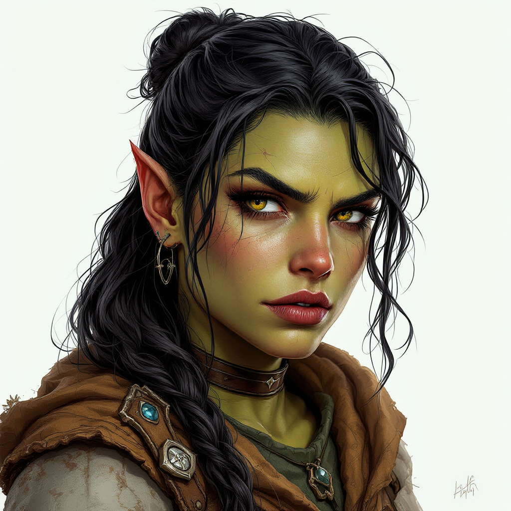Dungeons and dragons character concept portrait. Female Paladin, Half-Orc race, The half-orc is a robust figure, with a broad and muscular build. They have greenish skin, with pronounced features such as a strong jawline, large tusks protruding from their lower lip, and a prominent brow. Half-orcs have coarse, dark hair. Half-orcs wear rugged, practical clothing suited for combat or hard labor , dnd hand drawing, dnd drawing portrait, dnd character drawing, highly detailed hand drawing, high quality character drawing, colored drawing, colorful drawing, light background, solid background