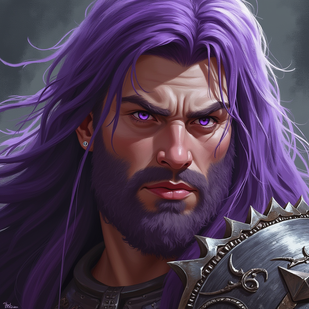 Dungeons and dragons character concept portrait. Male Barbarian, Human race, Normal human anatomy and human face, non-fantasy features. Humans have strong jawline and rounded face features, with rounded eyes purple hair mage, purple eyes beautiful face, , intricate, elegant, highly detailed, digital painting, artstation, concept art, smooth, sharp focus, illustration, art by stable diffusion ai's favorite artists