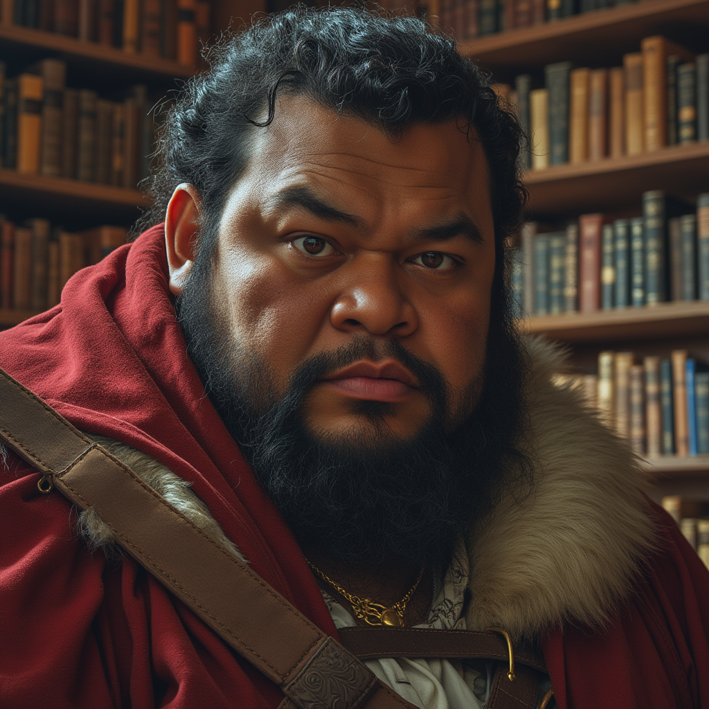 Dungeons and dragons character concept portrait. Male Fighter, Human race, Normal human anatomy and human face, non-fantasy features. Humans have strong jawline and rounded face features, with rounded eyes Ugly fat human male Samoan in library robes, , dnd photography, dnd live action, realistic dnd portrait, medium shot portrait, highly detailed, dynamic shot, 4k photo