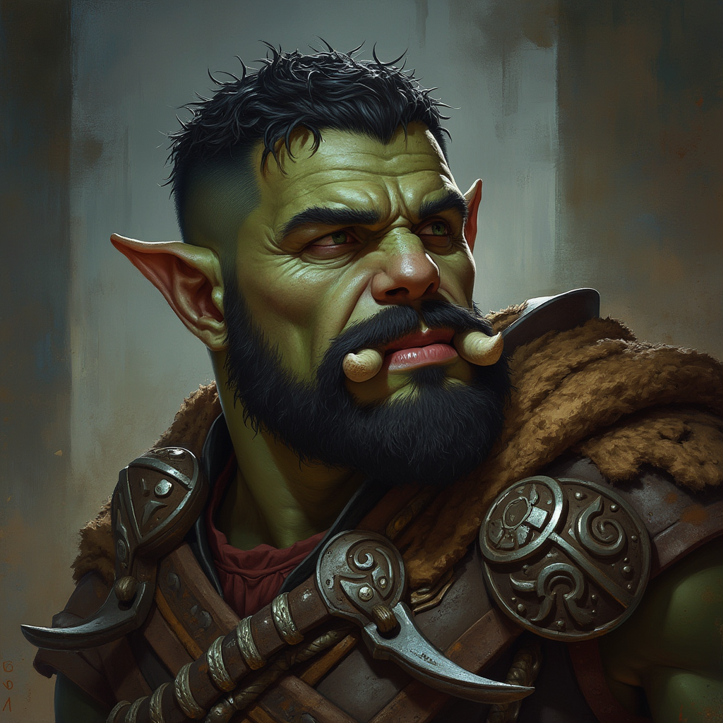 Dungeons and dragons character concept portrait. Male Paladin, Half-Orc race, The half-orc is a robust figure, with a broad and muscular build. They have greenish skin, with pronounced features such as a strong jawline, large tusks protruding from their lower lip, and a prominent brow. Half-orcs have coarse, dark hair. Half-orcs wear rugged, practical clothing suited for combat or hard labor , intricate, elegant, highly detailed, digital painting, artstation, concept art, smooth, sharp focus, illustration, art by stable diffusion ai's favorite artists