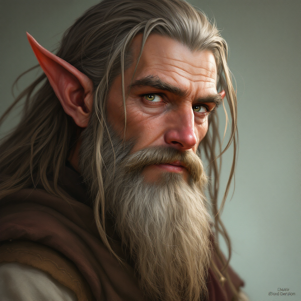 Dungeons and dragons character concept portrait. Male Bard, Elf race, The elf is a slender, athletic figure, standing about the same height as a human. Elves have bright eyes. Elves have angular features and angular eyes. Their hair long with loose hairstyle broad, red-faced fey man in his apparent fifties who laughs too easily , with long beard, with long hair, , intricate, elegant, highly detailed, digital painting, artstation, concept art, smooth, sharp focus, illustration, art by stable diffusion ai's favorite artists