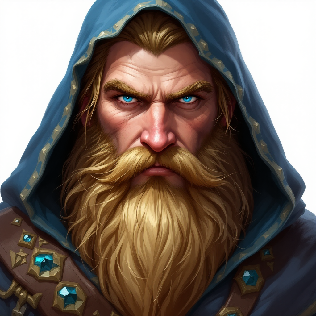Dungeons and dragons character concept portrait. Male Ranger, Dwarf race, The dwarf is a short and broad figure. Dwarves have long hair. Dwarves have rounded face features. Their clothing and gear are decorated with bold geometric designs, gems, and ancestral faces with blue eyes, wearing a hood, with long beard, , intricate, elegant, highly detailed, digital painting, artstation, concept art, smooth, sharp focus, illustration, art by stable diffusion ai's favorite artists