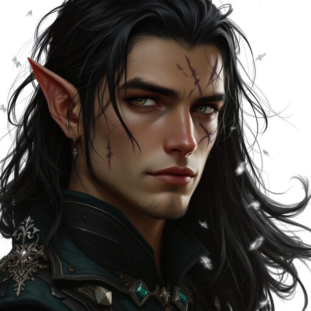 Dungeons and dragons character concept portrait. Male Paladin, Elf race, The elf is a slender, athletic figure, standing about the same height as a human. Elves have bright eyes. Elves have angular features and angular eyes. Their hair long with loose hairstyle Long black hair. In the banquet scene he wears a dark green formal coat with Hybern silver embroidery — the crest repeated in the lining. His eyes are very dark and very still, with tattoos on the face, scar on the face, , intricate, elegant, highly detailed, digital painting, artstation, concept art, smooth, sharp focus, illustration, art by stable diffusion ai's favorite artists