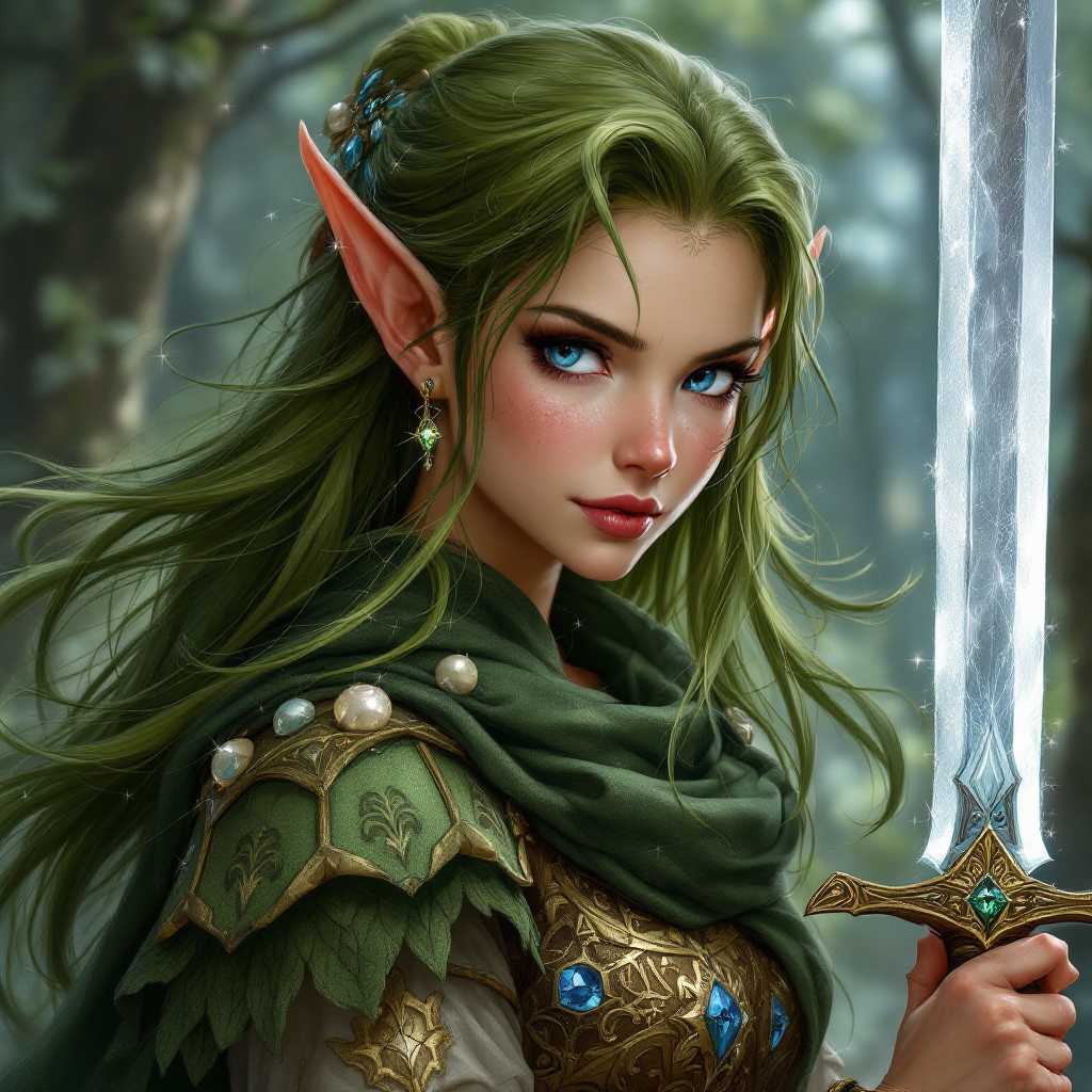 Dungeons and dragons character concept portrait. Female Druid, Dwarf race, The dwarf is a short and broad figure. Dwarves have long hair. Dwarves have rounded face features. Their clothing and gear are decorated with bold geometric designs, gems, and ancestral faces mischief making Christmas elf with green long hair and spakling blue eyes with a sword, , dnd anime character portrait, dnd anime character, highly detailed, high quality anime character