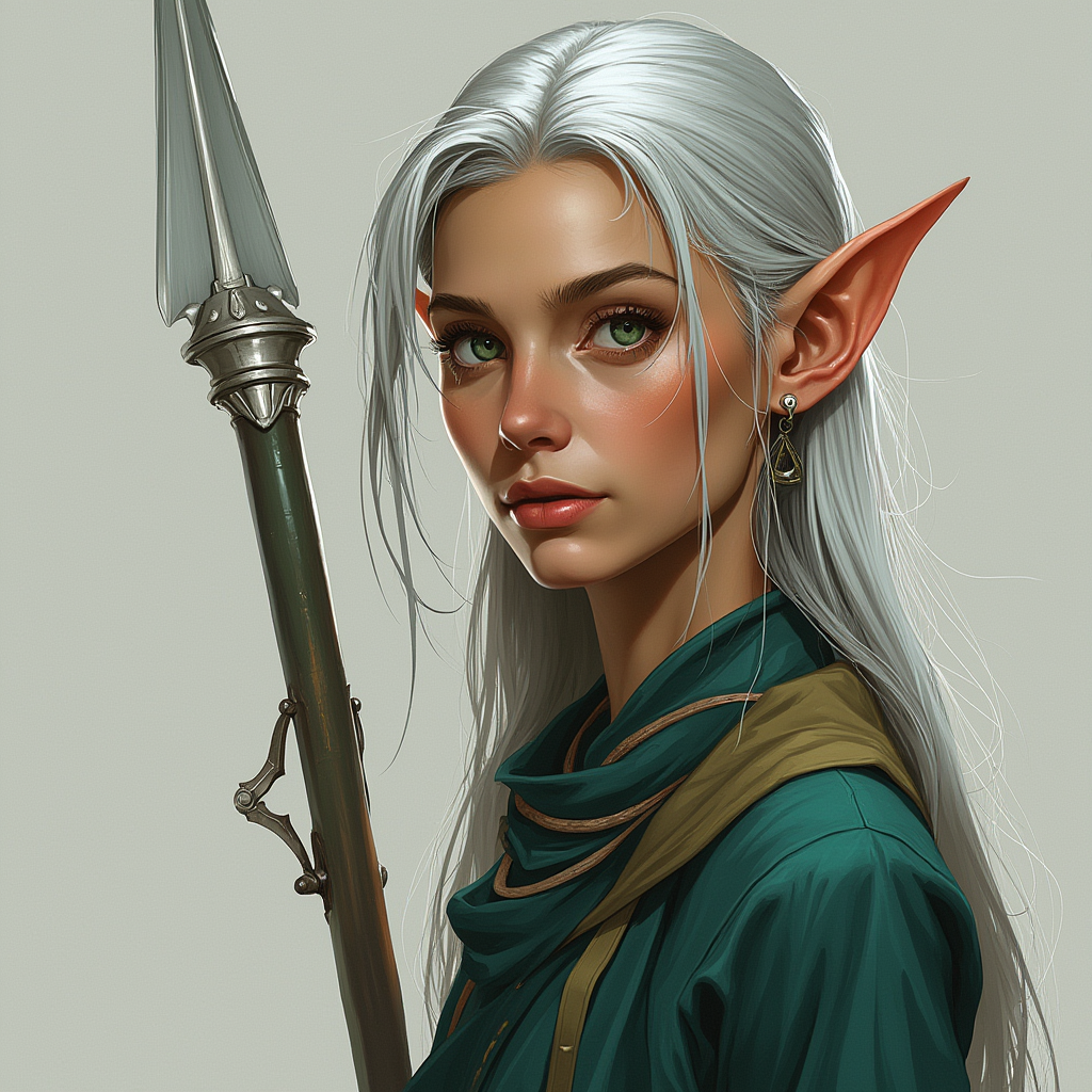 Dungeons and dragons character concept portrait. Female Monk, Elf race, The elf is a slender, athletic figure, standing about the same height as a human. Elves have bright eyes. Elves have angular features and angular eyes. Their hair long with loose hairstyle long silver hair, green eyes, tall, spear, , intricate, elegant, highly detailed, digital painting, artstation, concept art, smooth, sharp focus, illustration, art by stable diffusion ai's favorite artists