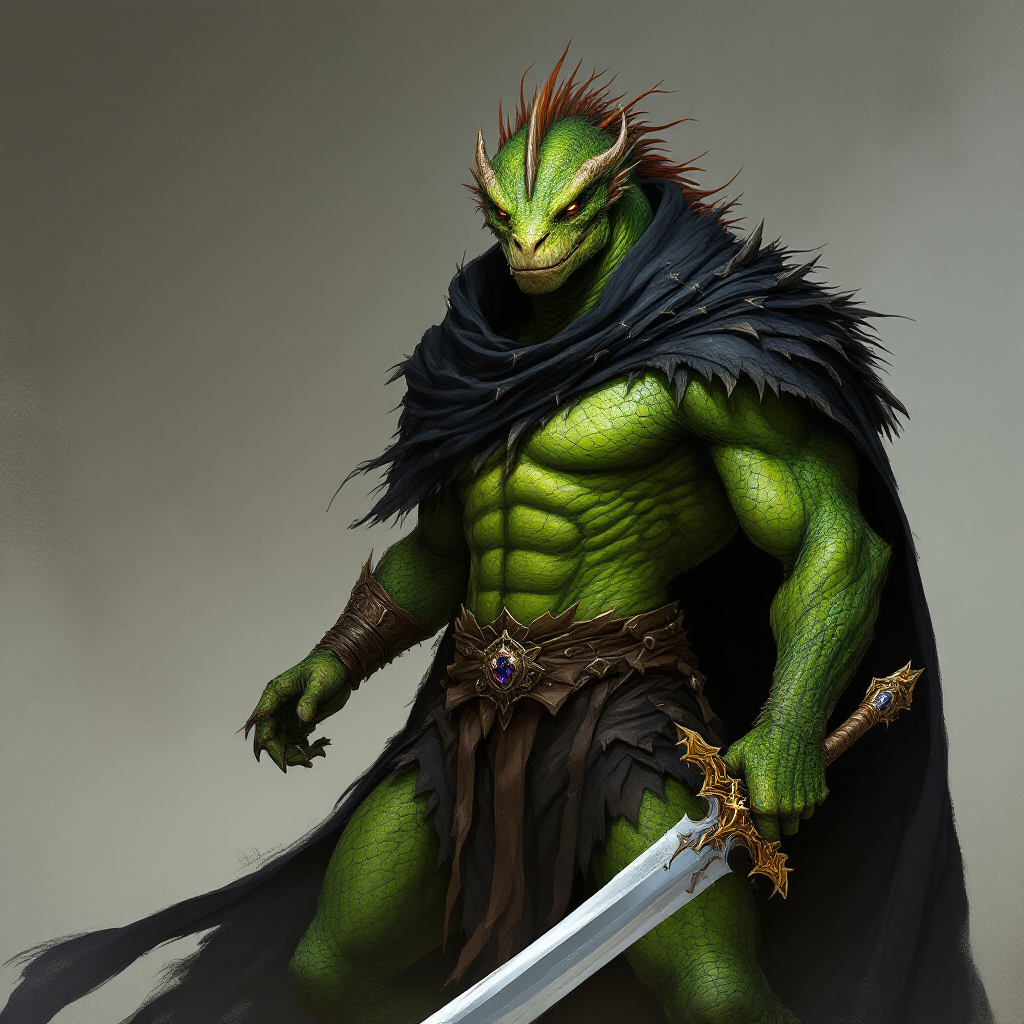Dungeons and dragons character concept portrait. Male Fighter, Dragonborn race, The dragonborn is a tall and muscular humanoid, covered in fine, leather scales with larger scales on their forearms, legs, shoulders, and thighs. They have clawed hands and feet with three fingers and a thumb. Their face has a blunt snout, strong brow, and frills near the cheeks and ears. A crest of horn-like scales runs down the back of their head, resembling thick, ropy hair. Their eyes are red or gold He has the appearance of a green chameleon Lizard-folk. He wears the Cloak of Arachnida: A fine garment made of black silk interwoven with faint silvery threads, and under the cloak he wears common clothes . He is wielding A Sun Blade: a sword with a silver hilt and a blade of pure golden-white radiance that is thin as a wire. He has green eyes and a 1 single horn centered on his forehead., with green skin, , tech dnd character portrait, dnd tech character, highly detailed, high quality tech character, with technology elements, sci-fi dnd character