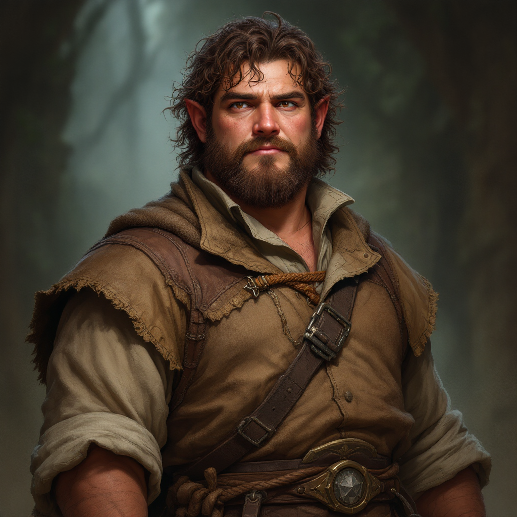 Dungeons and dragons character concept portrait. Male Fighter, Halflin race, The halfling is a stocky figure. They have a round face, large, expressive eyes, and a cheerful demeanor. Their hair is curly or wavy. Their attire feature earthy colors A middle aged slightly chubby halfling male in merchants clothes with brown eyes and brown hair, , dnd photography, dnd live action, realistic dnd portrait, medium shot portrait, highly detailed, dynamic shot, 4k photo