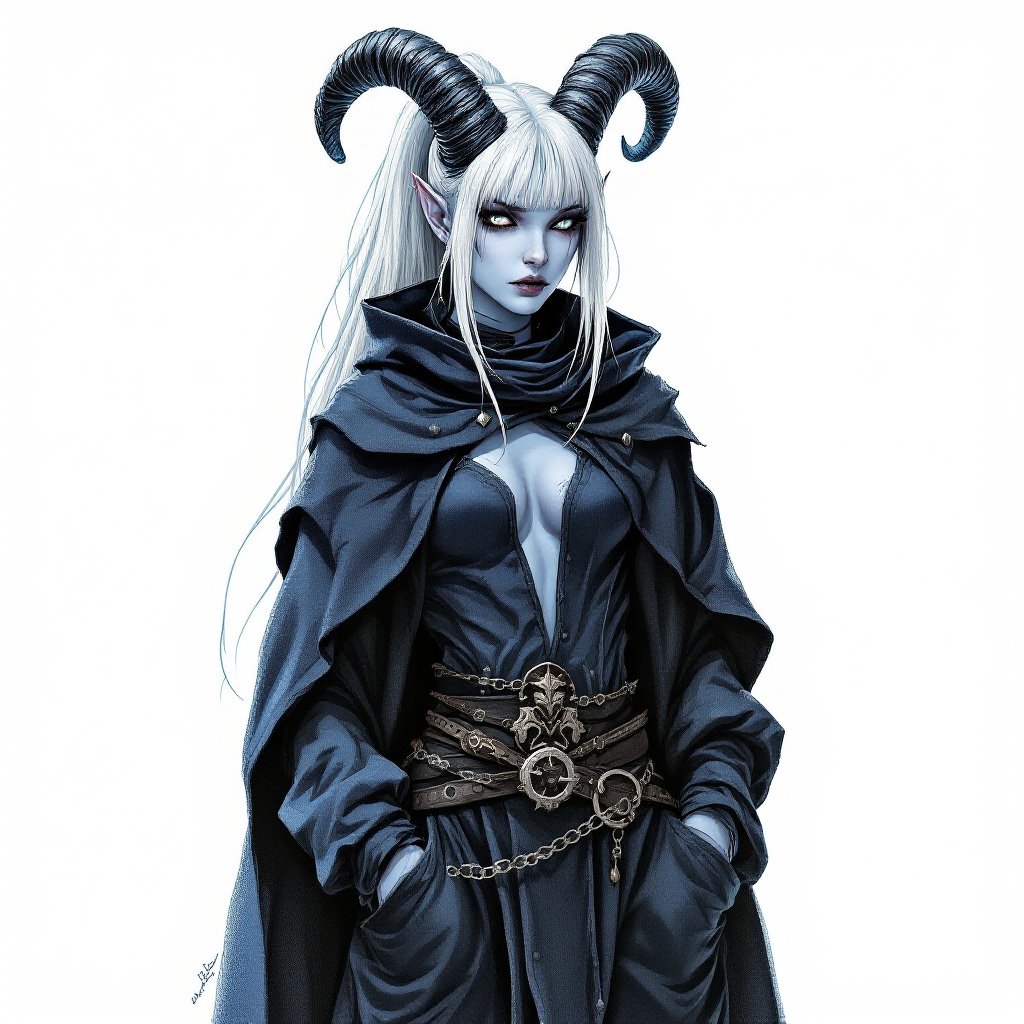 Dungeons and dragons character concept portrait. Female Sorcerer, Tiefling race, The tiefling is a tall and striking figure with a lean and muscular build. Sharp horns that grow amidst the hairline. Tieflings have glowing eyes which give them an otherworldly appearance. Tieflings favor bold clothing incorporating dark colors and intricate patterns Two-tone Navy and white Hair in a long ponytail with straight-cut bangs. Very pale blue skin. Emo/goth style clothes and a shadowy cape. Standing with hands in pockets. Black ram style horns, , dnd hand drawing, dnd drawing portrait, dnd character drawing, highly detailed hand drawing, high quality character drawing, colored drawing, colorful drawing, light background, solid background