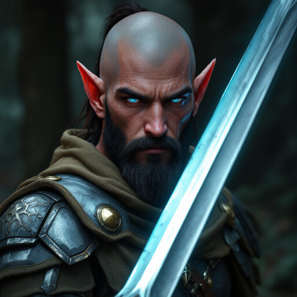 Dungeons and dragons character concept portrait. Male Paladin, Elf race, The elf is a slender, athletic figure, standing about the same height as a human. Elves have bright eyes. Elves have angular features and angular eyes. Their hair long with loose hairstyle Red skin colour, male, 5 feat tall,  bald head, blue pupils, short black beard, grey armor, wielding a two handed sword, forest background, , dnd photography, realistic dnd portrait, high-tech character, cyberpunk dnd character, cyberpunk tech elements, cyberpunk neon accent, tech apparel, tech armor, tech weapons, tech clothing, tech lighting, sci-fi dnd character, medium shot portrait, highly detailed, dynamic shot, 4k photo