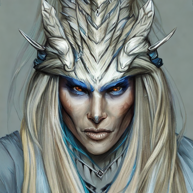 Dungeons and dragons character concept portrait. Female Druid, Elf race,  extremely long silver hair, blue eyes, dark grayish blue skin, skull headgear, , intricate, elegant, highly detailed, digital painting, artstation, concept art, smooth, sharp focus, illustration, art by stable diffusion ai's favorite artists