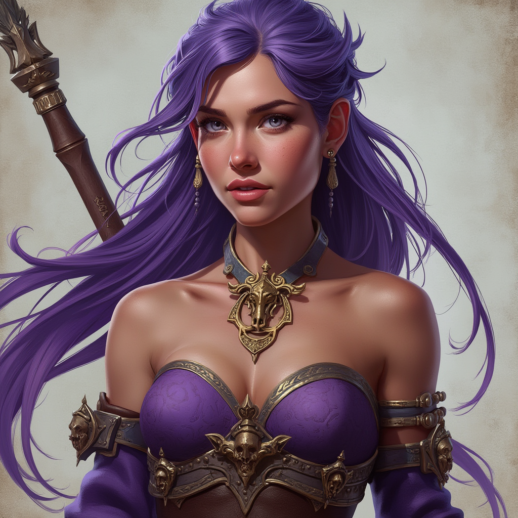 Dungeons and dragons character concept portrait. Male Barbarian, Human race, Normal human anatomy and human face, non-fantasy features. Humans have strong jawline and rounded face features, with rounded eyes Large Breasted Woman, purple hair, no hat, smooth skin, Pretty Face, Woman, Female Sorcerer. Full body image, , intricate, elegant, highly detailed, digital painting, artstation, concept art, smooth, sharp focus, illustration, art by stable diffusion ai's favorite artists