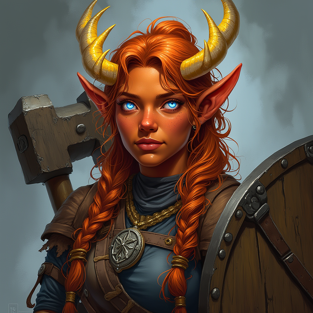 Dungeons and dragons character concept portrait. Female Paladin, Tiefling race, The tiefling is a tall and striking figure with a lean and muscular build. Sharp horns that grow amidst the hairline. Tieflings have glowing eyes which give them an otherworldly appearance. Tieflings favor bold clothing incorporating dark colors and intricate patterns Tiefling female, muscular and stocky, orange-gold skin, bright flamelike BLUE-WHITE eyes, wavy fire-engine red hair with yellow streaks in messy braids, gold-white twelve point antler-like horns, UNARMORED, simple rugged clothing, a large hammer on her back, affable friendly smile, holding a carved wooden shield, , intricate, elegant, highly detailed, digital painting, artstation, concept art, smooth, sharp focus, illustration, art by stable diffusion ai's favorite artists