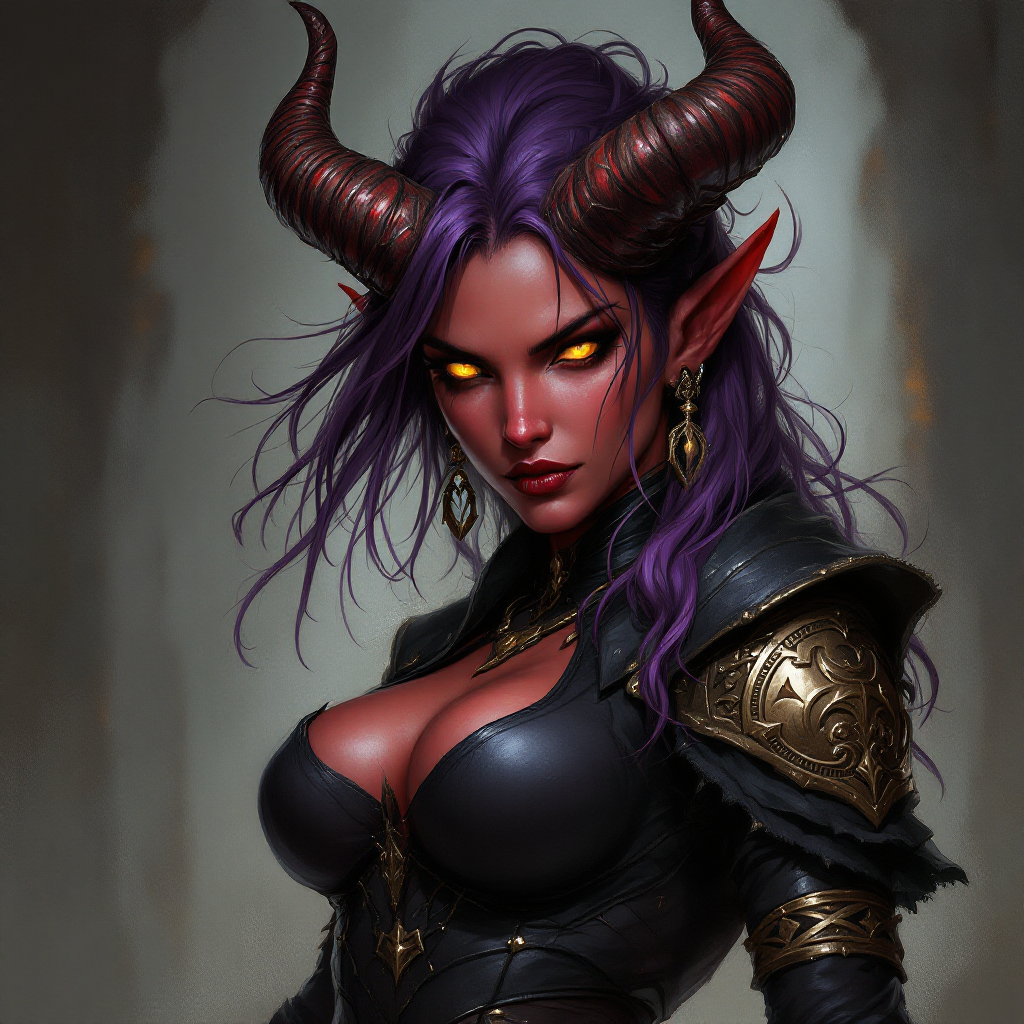 Dungeons and dragons character concept portrait. Female Rogue, Tiefling race, The tiefling is a tall and striking figure with a lean and muscular build. Sharp horns that grow amidst the hairline. Tieflings have glowing eyes which give them an otherworldly appearance. Tieflings favor bold clothing incorporating dark colors and intricate patterns of infernal descent, red skin, gold eyes, long horns, straight nose, purple hair, , intricate, elegant, highly detailed, digital painting, artstation, concept art, smooth, sharp focus, illustration, art by stable diffusion ai's favorite artists