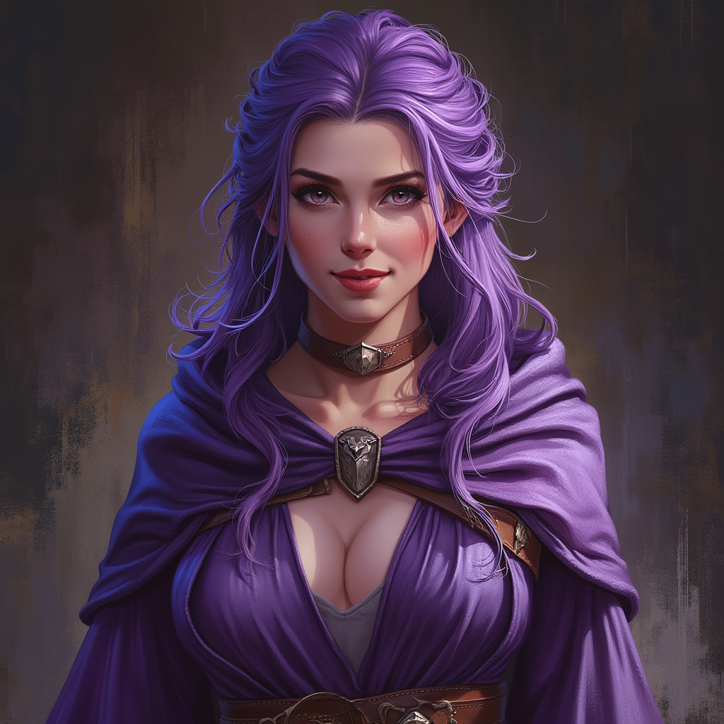 Dungeons and dragons character concept portrait. Female Barbarian, Human race, Normal human anatomy and human face, non-fantasy features. Humans have strong jawline and rounded face features, with rounded eyes Dungeons and dragons character concept portrait. Female Wizard, Human race, Female Sorcerer, smiling face expression, beautiful face, big boobs, Female, Deep Purple Robe clothing, Purple Hair, No Hat, Large Breasts, , intricate, elegant, highly detailed, digital painting, artstation, concept art, smooth, sharp focus, illustration, art by stable diffusion ai's favorite artists, , intricate, elegant, highly detailed, digital painting, artstation, concept art, smooth, sharp focus, illustration, art by stable diffusion ai's favorite artists