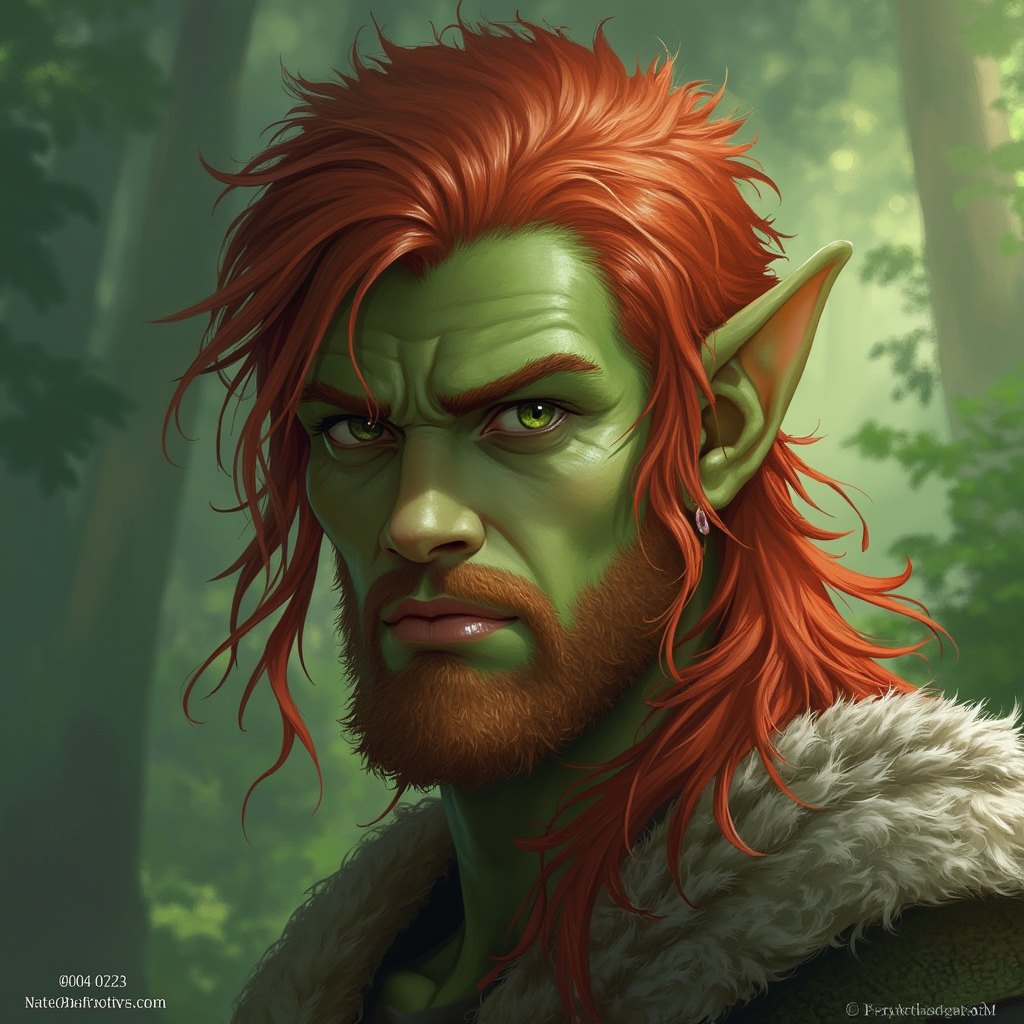 Dungeons and dragons character concept portrait. Male Barbarian, Human race, Normal human anatomy and human face, non-fantasy features. Humans have strong jawline and rounded face features, with rounded eyes female forest gnome ranger with green skin red hair green eyes , , intricate, elegant, highly detailed, digital painting, artstation, concept art, smooth, sharp focus, illustration, art by stable diffusion ai's favorite artists
