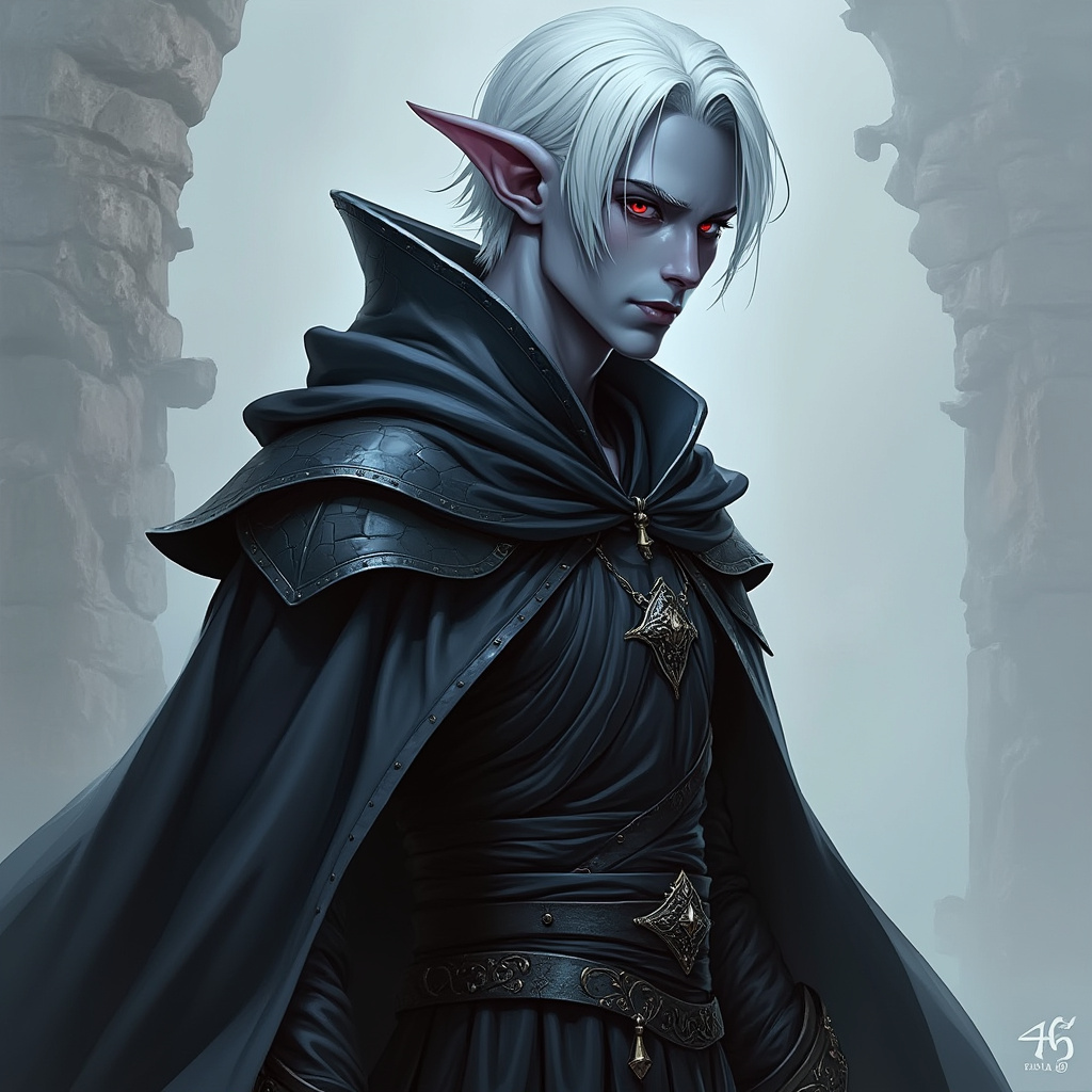 Dungeons and dragons character concept portrait. Male Sorcerer, Drow race, The drow, or dark elf, is a slender figure, with dark gray to nearly black skin. Their hair is stark white or pale silver, contrasting sharply with their skin. Drow have sharp, angular features, and vibrant eyes and angular eyes. They wear dark, elegant clothing with intricate details reflecting their underground and mysterious origins with robe, short hair, with red eyes,, , intricate, elegant, highly detailed, digital painting, artstation, concept art, smooth, sharp focus, illustration, art by stable diffusion ai's favorite artists