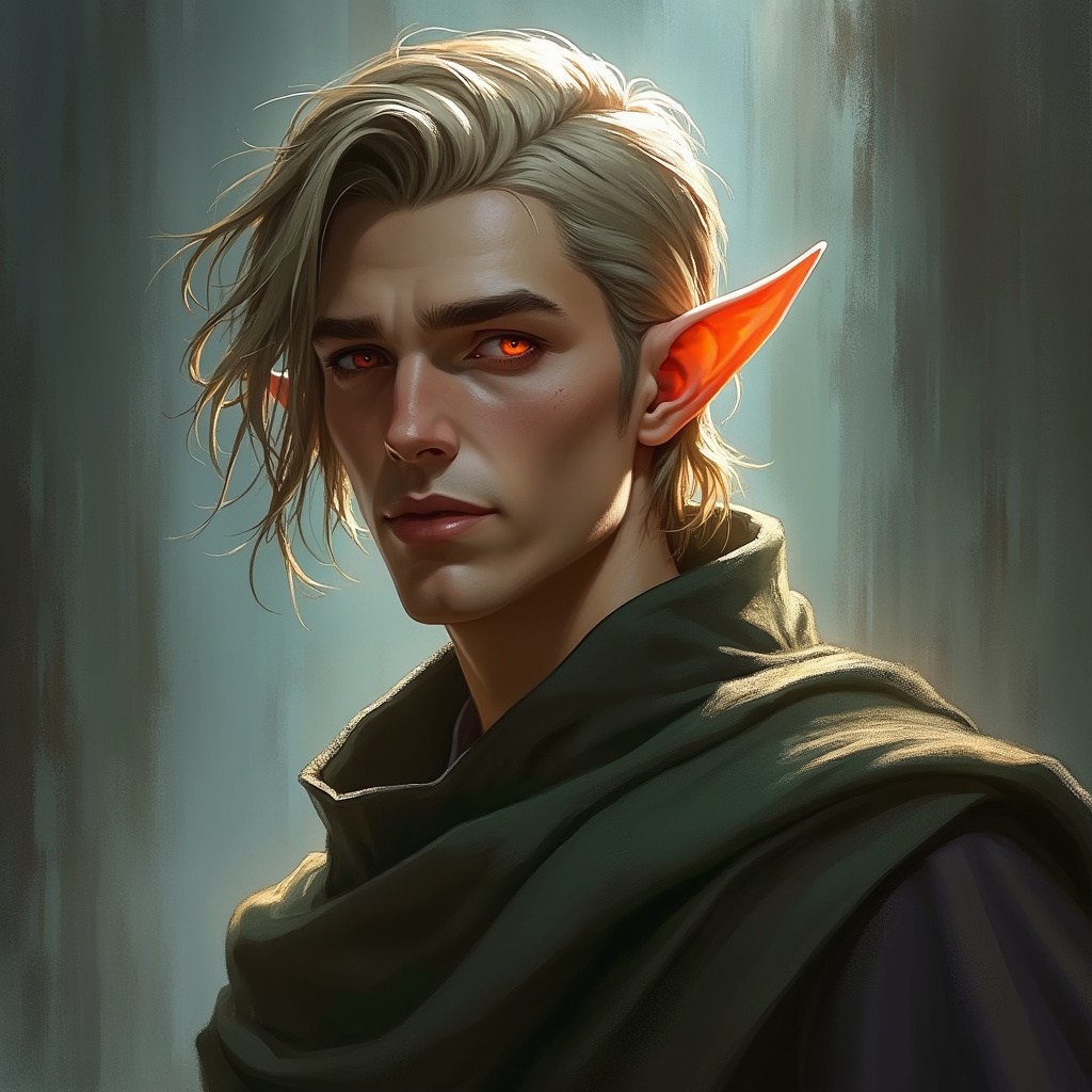 Dungeons and dragons character concept portrait. Male Sorcerer, Elf race, The elf is a slender, athletic figure, standing about the same height as a human. Elves have bright eyes. Elves have angular features and angular eyes. Their hair long with loose hairstyle with robe, short hair, with red eyes,, , intricate, elegant, highly detailed, digital painting, artstation, concept art, smooth, sharp focus, illustration, art by stable diffusion ai's favorite artists