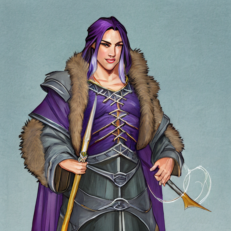 Dungeons and dragons character concept portrait. Male Wizard, Human race,  Female Sorcerer, smiling face expression, beautiful face, big boobs, Female, Deep Purple Robe clothing, Purple Hair, No Hat, Large Breasts, , intricate, elegant, highly detailed, digital painting, artstation, concept art, smooth, sharp focus, illustration, art by stable diffusion ai's favorite artists
