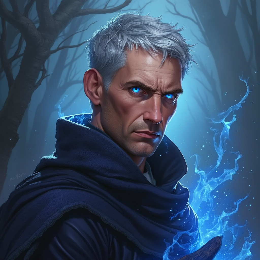 Dungeons and dragons character concept portrait. Male Warlock, Human race, Normal human anatomy and human face, non-fantasy features. Humans have strong jawline and rounded face features, with rounded eyes middle aged human male warlock glowing blue eyes short grey hair no facial hair, , intricate, elegant, highly detailed, digital painting, artstation, concept art, smooth, sharp focus, illustration, art by stable diffusion ai's favorite artists