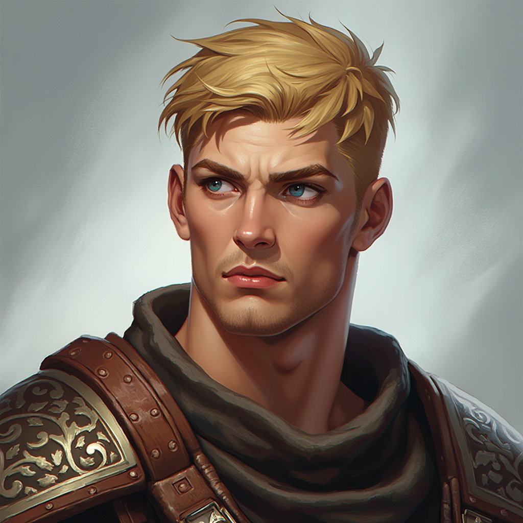 Dungeons and dragons character concept portrait. Male Fighter, Human race, Normal human anatomy and human face, non-fantasy features. Humans have strong jawline and rounded face features, with rounded eyes short blonde hair young muscley broad thick neck blue eyes no facial hair well built tank, , intricate, elegant, highly detailed, digital painting, artstation, concept art, smooth, sharp focus, illustration, art by stable diffusion ai's favorite artists