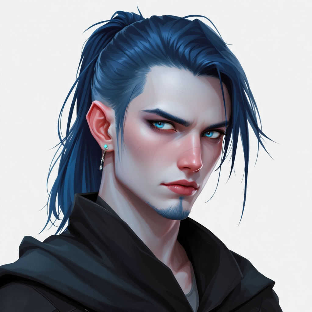 Dungeons and dragons character concept portrait. Male Barbarian, Human race, Normal human anatomy and human face, non-fantasy features. Humans have strong jawline and rounded face features, with rounded eyes Two-tone Navy Hair in a long ponytail with straight-cut bangs. Very pale blue skin. Emo/goth style clothes and a shadowy cape, , tech dnd character portrait, dnd tech character, highly detailed, high quality tech character, with technology elements, sci-fi dnd character