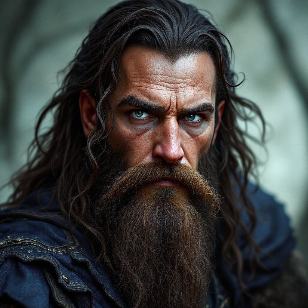 Dungeons and dragons character concept portrait. Male Wizard, Human race, Normal human anatomy and human face, non-fantasy features. Humans have strong jawline and rounded face features, with rounded eyes brown hair, sparkling eyes, pale skin, long brown beard, stern face, , dnd photography, dnd live action, realistic dnd portrait, medium shot portrait, highly detailed, dynamic shot, 4k photo