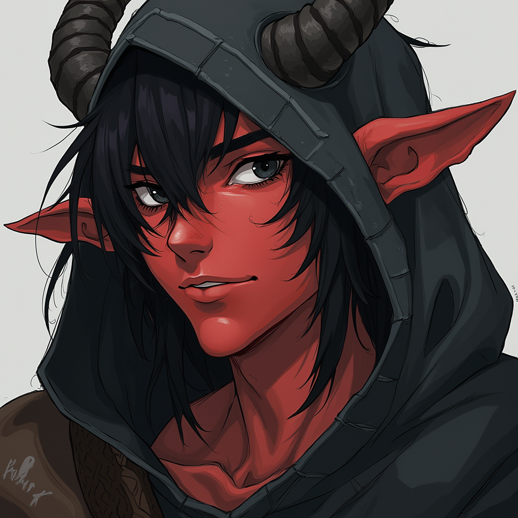 Dungeons and dragons character concept portrait. Male Barbarian, Human race, Normal human anatomy and human face, non-fantasy features. Humans have strong jawline and rounded face features, with rounded eyes girl, black hair, black eyes, wearing black hood, long crooked ears, black horns, red skin, , dnd anime character portrait, dnd anime character, highly detailed, high quality anime character